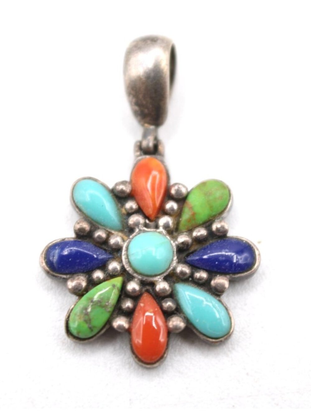 Vtg 925 Sterling Silver Multicolor Gemstone Flower Pendant Turquoise Lapis More